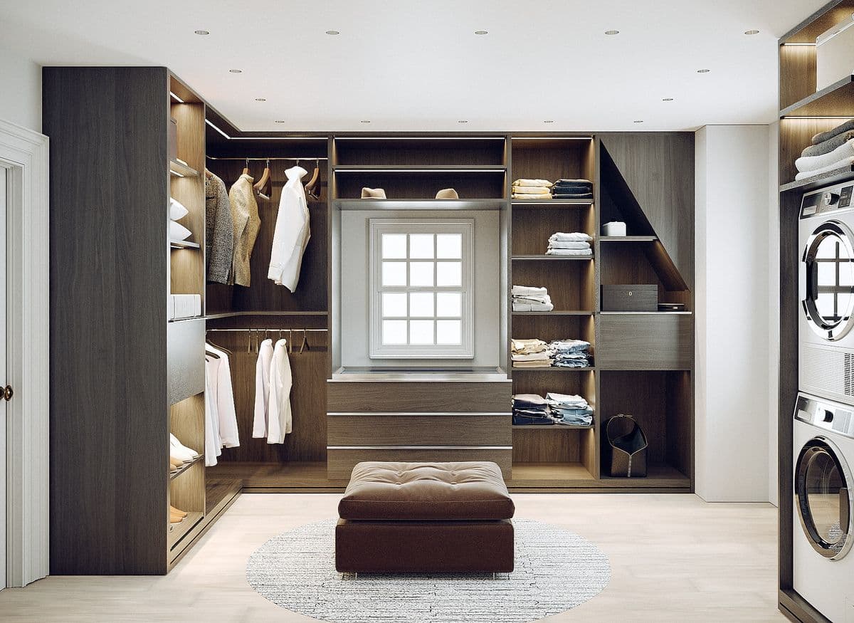 front-facing render of full closet and laundry suite