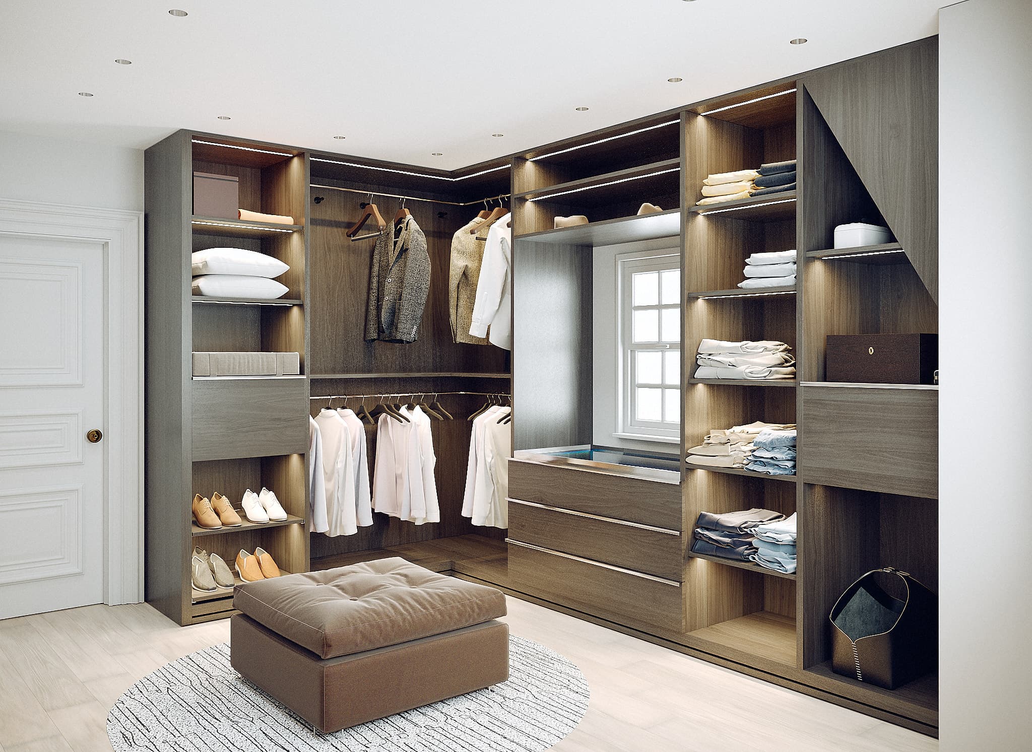 corner render showing l-shaped layout and shoe storage detail