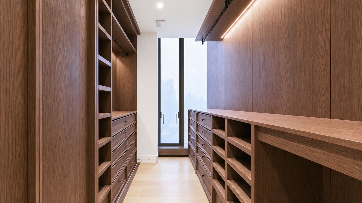 oak corridor with panelled wardrobes on one side and a counter over drawers on the other