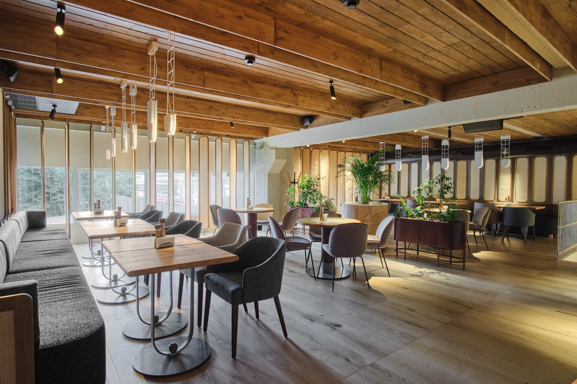 perimeter banquette and metal planters