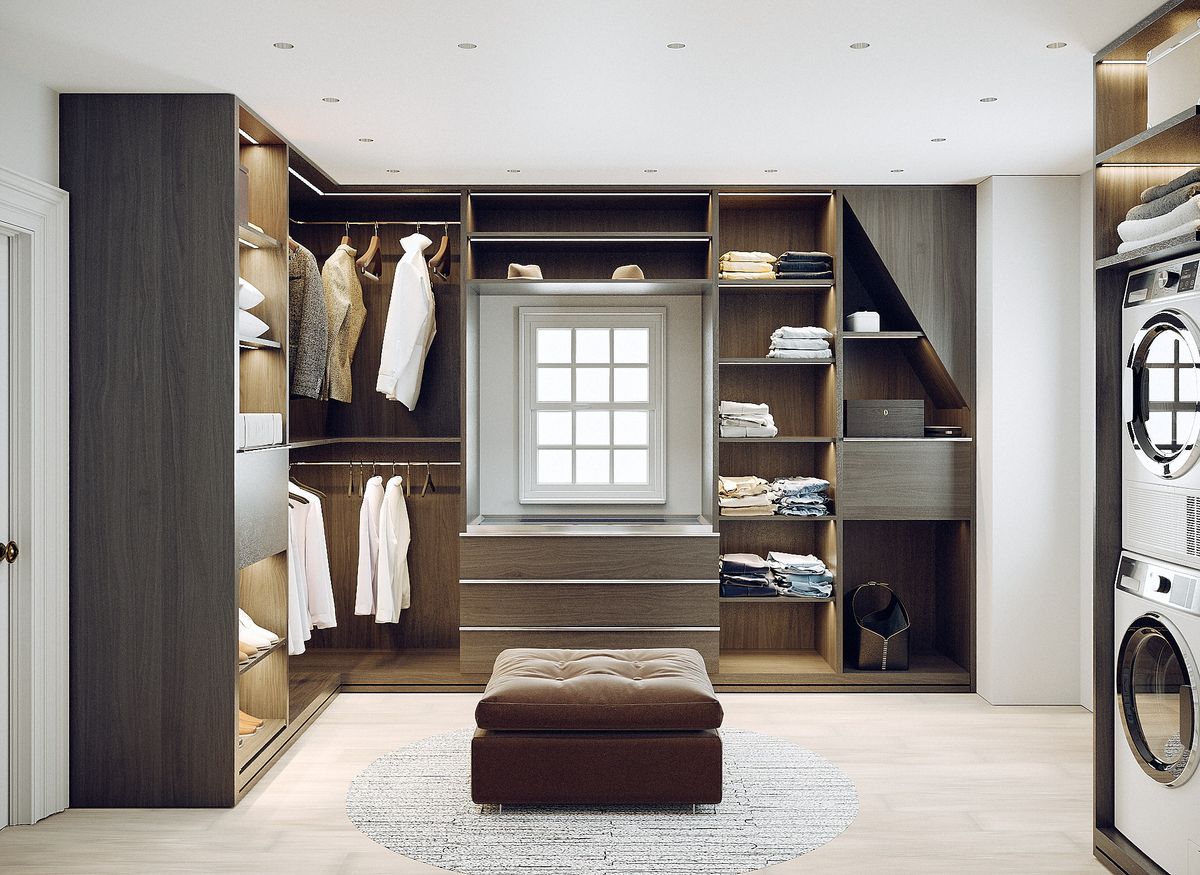 front-facing render of full closet and laundry suite