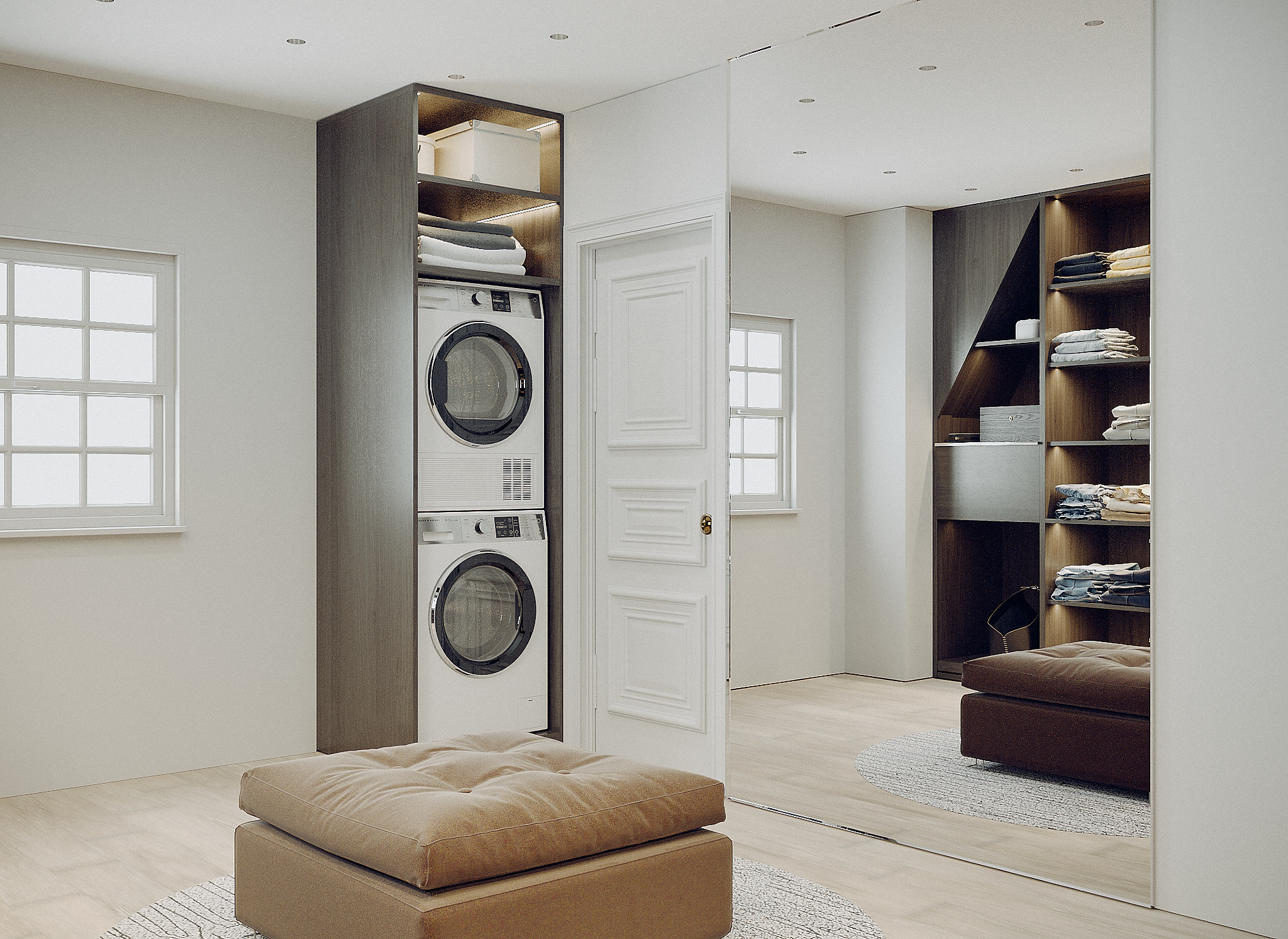 laundry column and full-height mirror wall from secondary angle