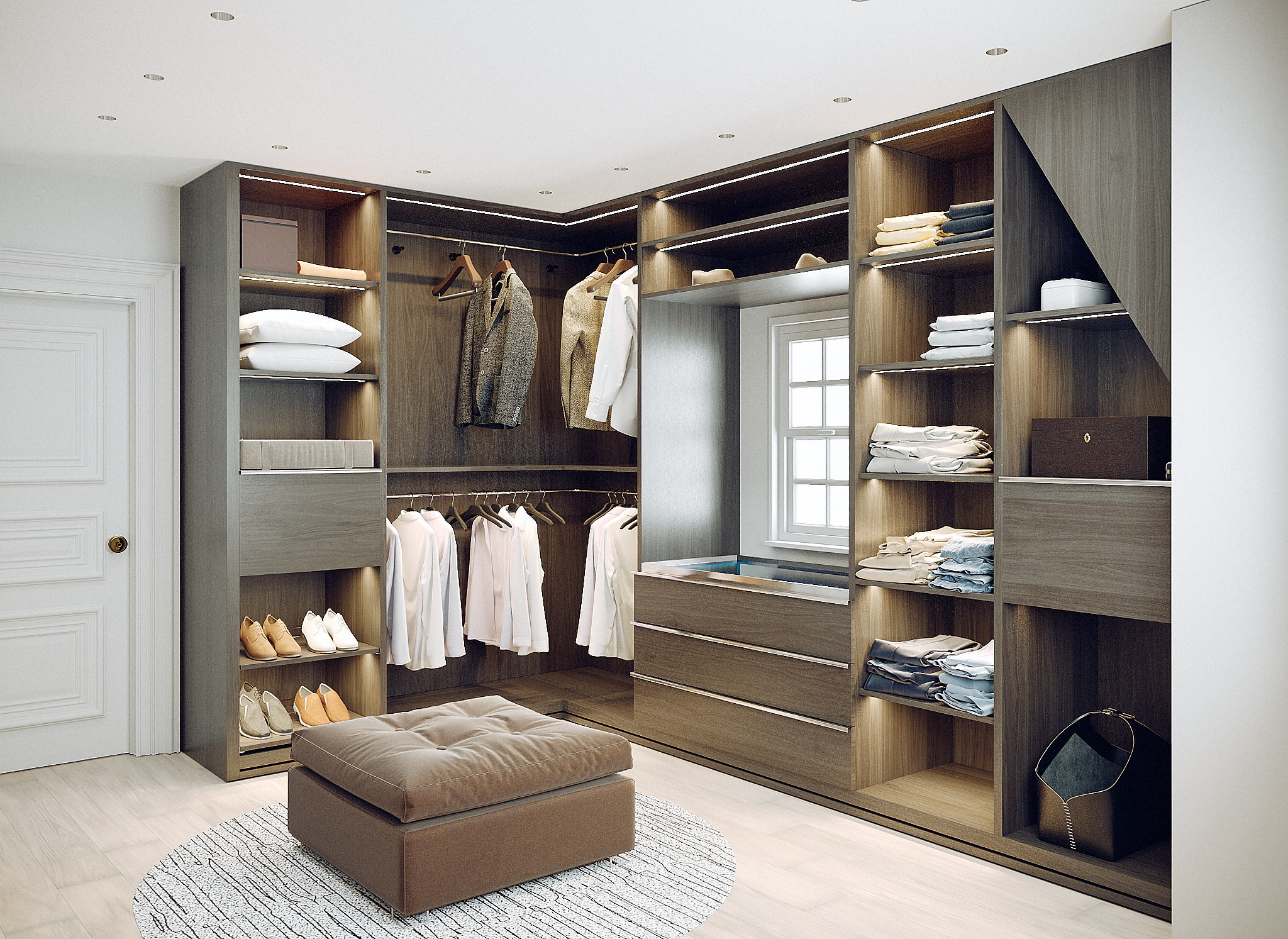 corner render showing l-shaped layout and shoe storage detail
